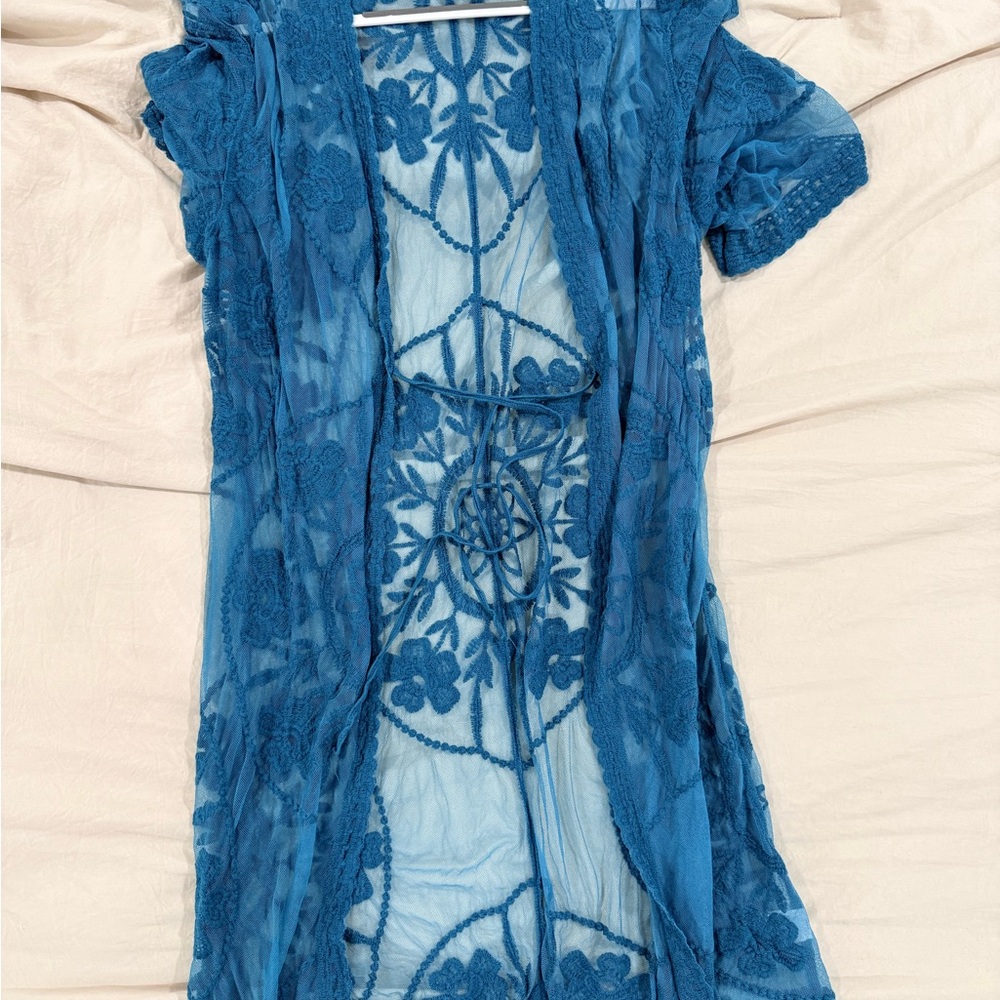Sheer Embroidered Blue Lace Kimono Cover-Up